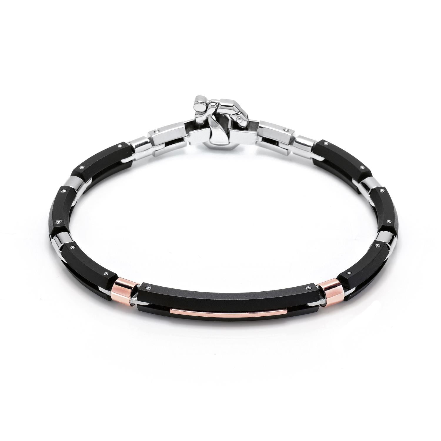 Barakà - Bracciale Acciaio Pvd Nero Oro rosa e Diamanti Bianchi