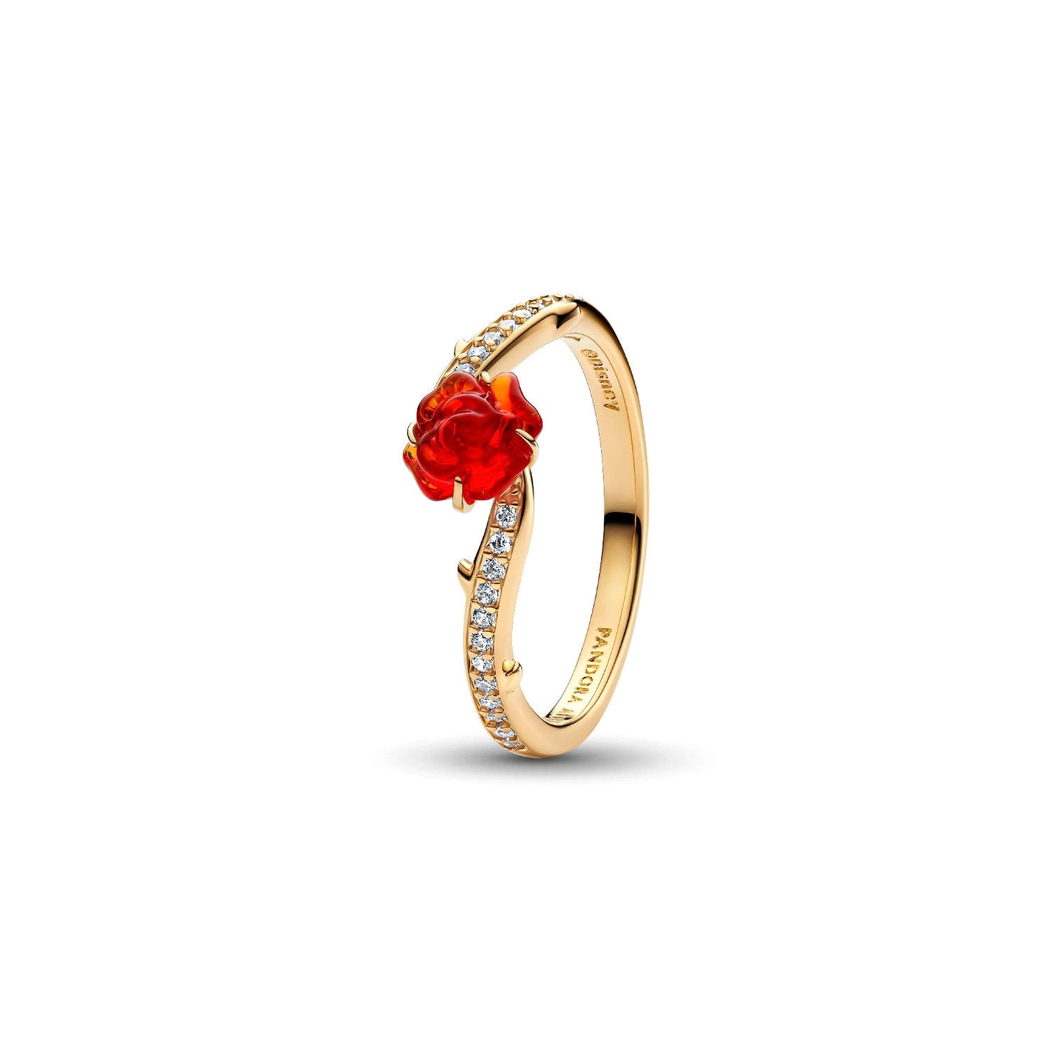 Pandora - Disney, La Bella e La Bestia, Anello Rosa Incantata Vetro di Murano finitura oro