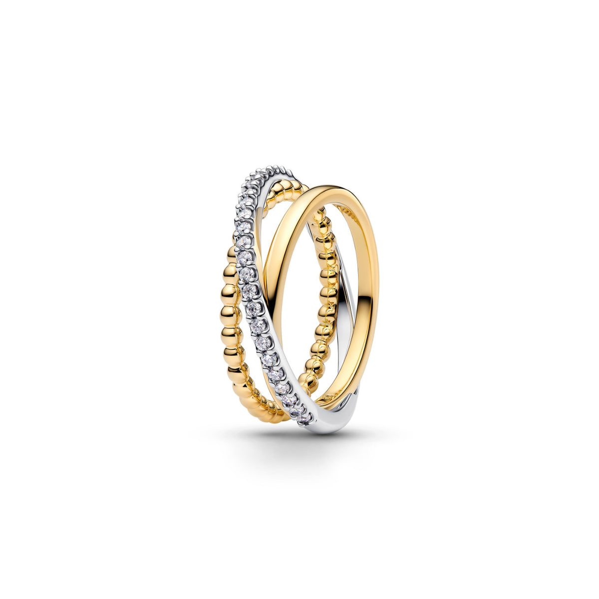 Anello Tripla Fascia Intrecciata Sfere e Pavé argento bicolore