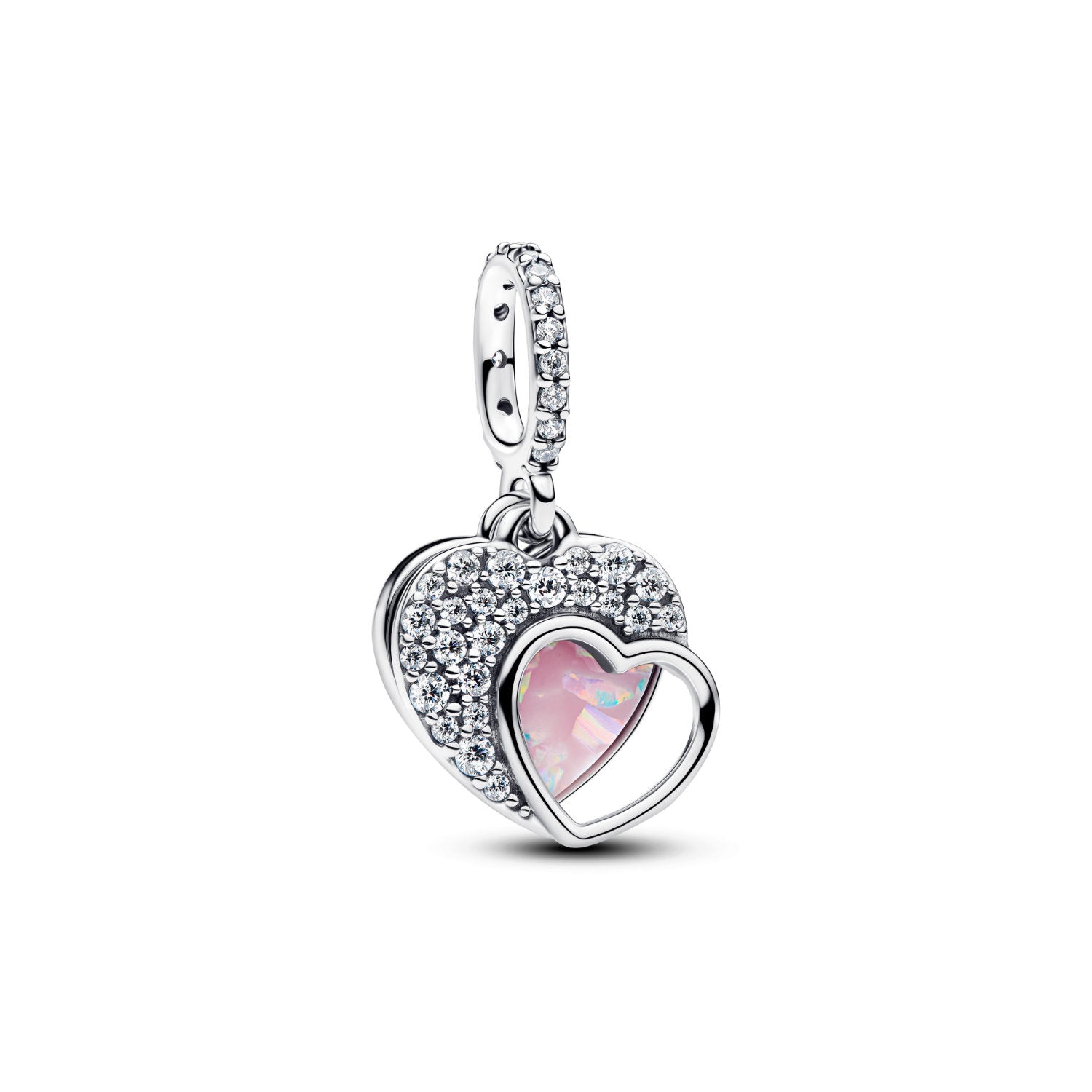 Pandora - Charm doppio a cuore argento con zirconia cubica opale rosa sintetico e resina