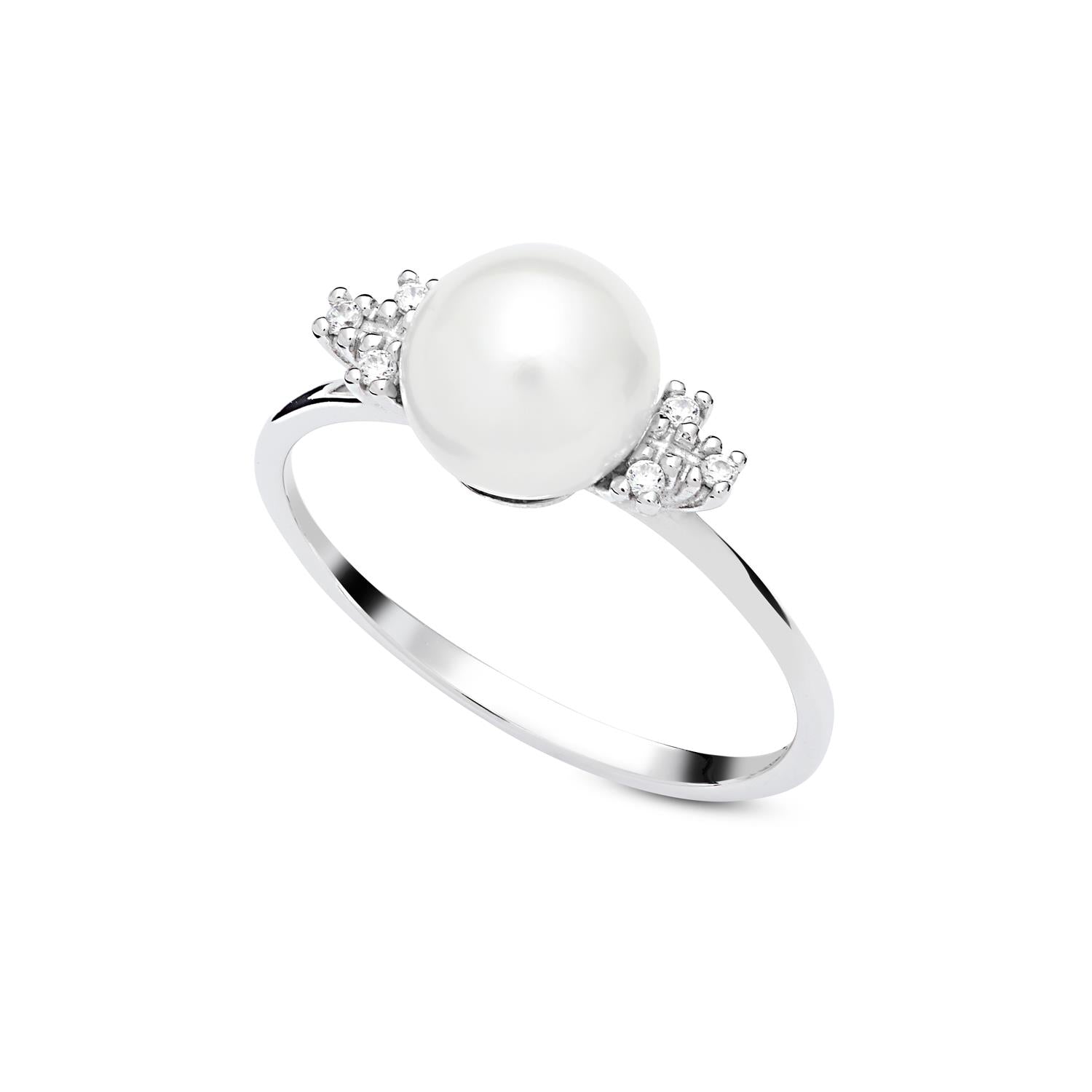 Ambrosia - Anello Oro Bianco con Zirconi Bianchi e Perla Coltivata Ø 7/7.5