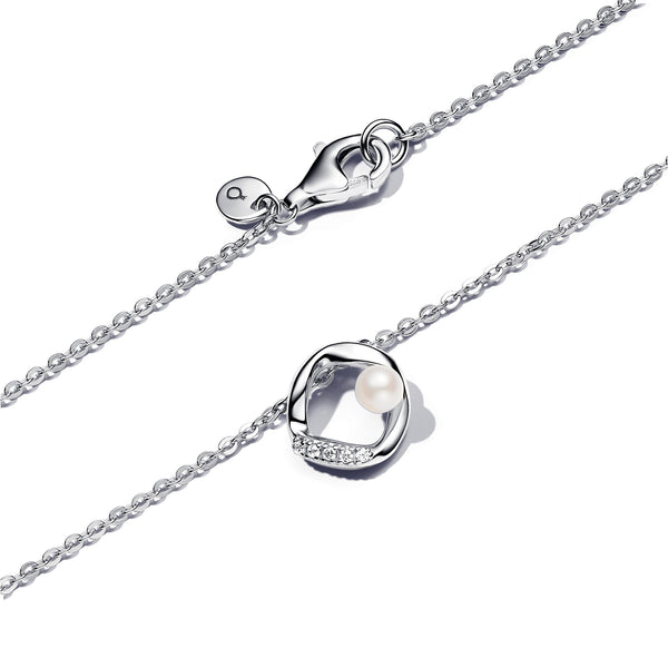 Collana Cerchio Linea Sinuosa con Perla d'Acqua Dolce Coltivata e Pavè